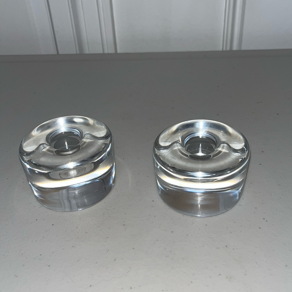 Orrefors Crystal Pair Puck Candle Stick Holders Set by Lena Bergstrom Sweden